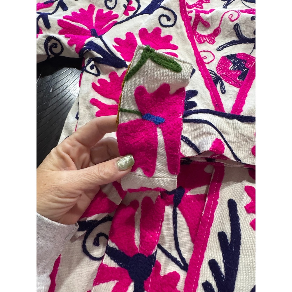 The 57 Suzani Embroidered Robe Jacket Pink Navy Floral Kimono Belted Topper - Picture 4 of 8